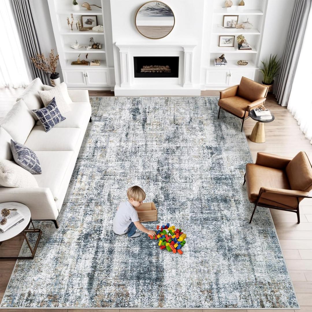 8x10 Area Rug for Living Room: Washable Abstract Soft Rugs Non Slip Modern Stain Resistant Low Pile Carpet for Dining Room Bedroom Nursery Office (Multi Blue, 8'x10')