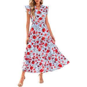 PRETTYGARDEN Women's 2026 Summer Floral Midi Dress Cap Sleeve V Neck Ruffle Long Flowy Boho Casual Beach Vacation Dresses (Blue, M)