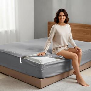 Zipper Fitted Sheet - Includes 1 Fitted Sheet Base & 2 Zip-On Sheets - Upto 16 in. Deep Pockets Queen Size Zipper Fitted Sheet - Easy to Change, Sateen Cotton 600 TC Fitted Sheet - Silver Grey