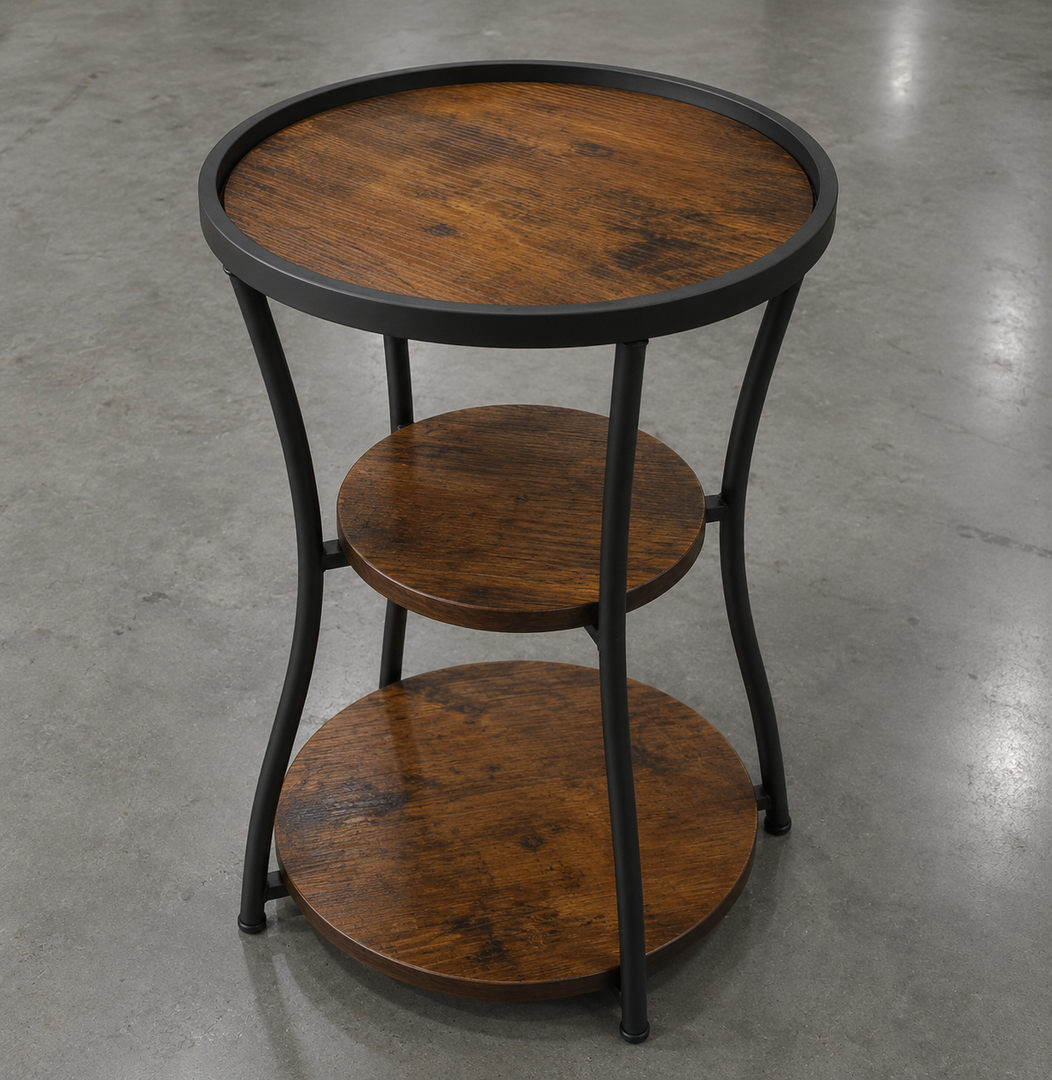 Round Side Table with Charging Station, Small Drink Table for Small Spaces, 3-Tier Industrial End Table, Accent Nightstand Bedside Table for Living Room, Bedroom, Sofa Couch, Rustic Brown