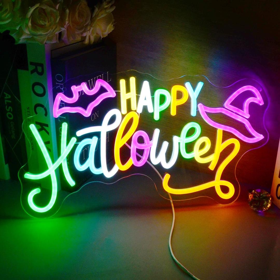 Happy Halloween Neon Sign Colorful LED Wall Decor with Bats & Witch Hat Design Neon Lights for Spooky Party, Home, Bar, or Window Decoration - Halloween Glow Light for October 31
