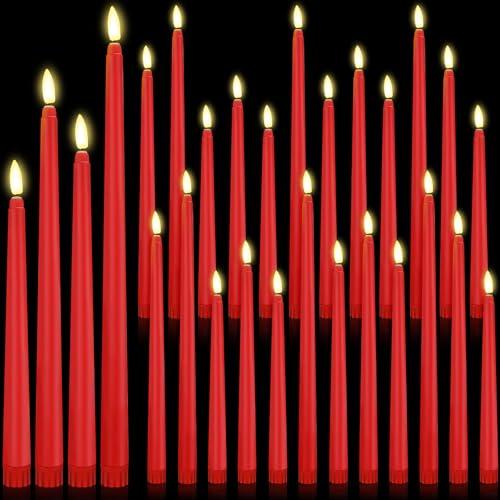 Rossesay 24 Pcs Flameless LED Taper Candles Battery Operated Candles 8.58'', 9.69'', 10.98'', 12.91'', 12.8'' Flameless Candlesticks Flickering for Halloween Christmas Church Wedding (Red)