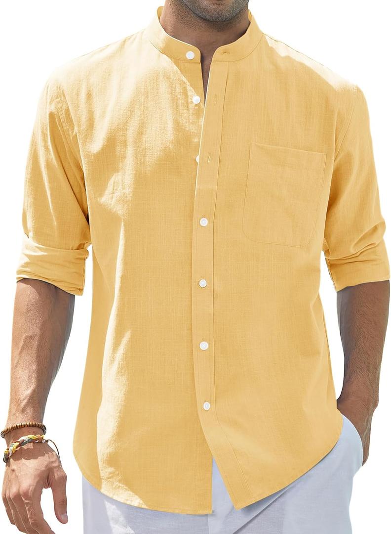J.VER Men's Cotton Linen Long Sleeve Shirts Casual Button Down Banded Collar Shirt Beach Summer Tops with Pocket (Medium, Light Yellow)