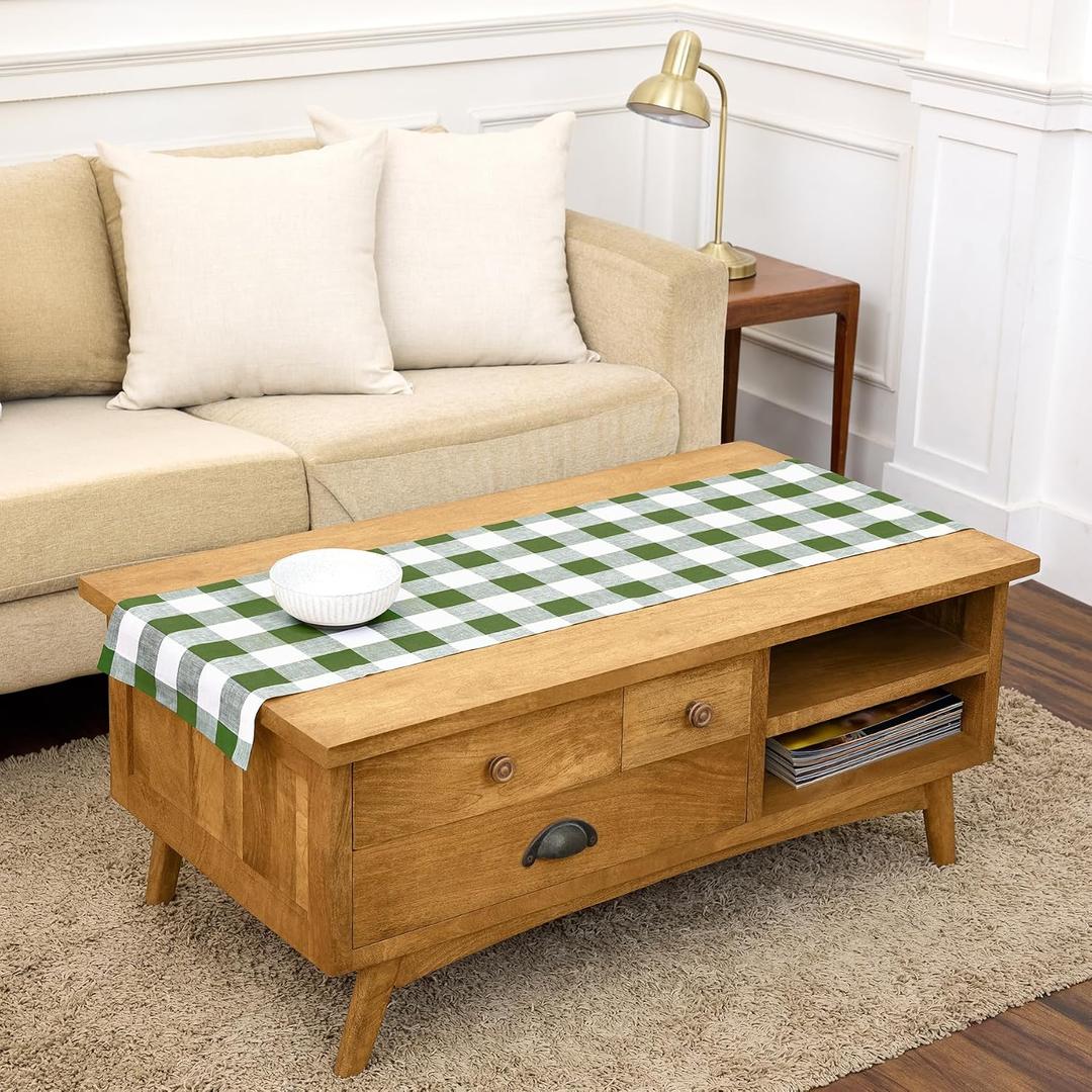 2 x Solino Home Linen Table Runner 48 Inches - 100% Pure Linen Buffalo Check Olive and White Table Runner 14 x 48 Inch Ideal for Dresser and Coffee Tables, Summer