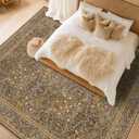 Vintage Floral Living Room Rug 8x10, Gold Brown Washable Area Rugs for Bedroom, Dining Room Under Kitchen Table, Oriental Low Pile Non-Slip Large Indoor Carpet with Taupe Yellow Earthy Tones