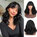 Bob Curly Wig With Bangs,14 Inch Shoulder Length Synthetic Heat Resistant Body Wave Wig,Women's Layered Natural Looking Short Wigs for Daily Party Use - Natural Black