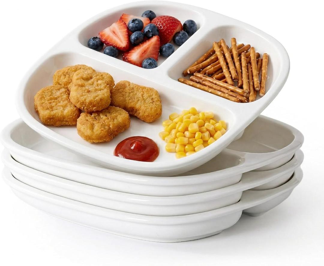 8.58" Square Ceramic Divided Plates Set of 4-3 Compartment Portion Control Plates for Kids, Bariatric Dinner Plates for Balanced Meal Prep, Microwave Dishwasher Oven Safe, White
