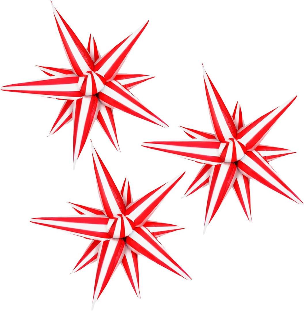 3pcs 26inch 3D Red white Explosion Star foil balloon, red white Foil Cone Star burst Balloons for Birthday Wedding New Year Party Event