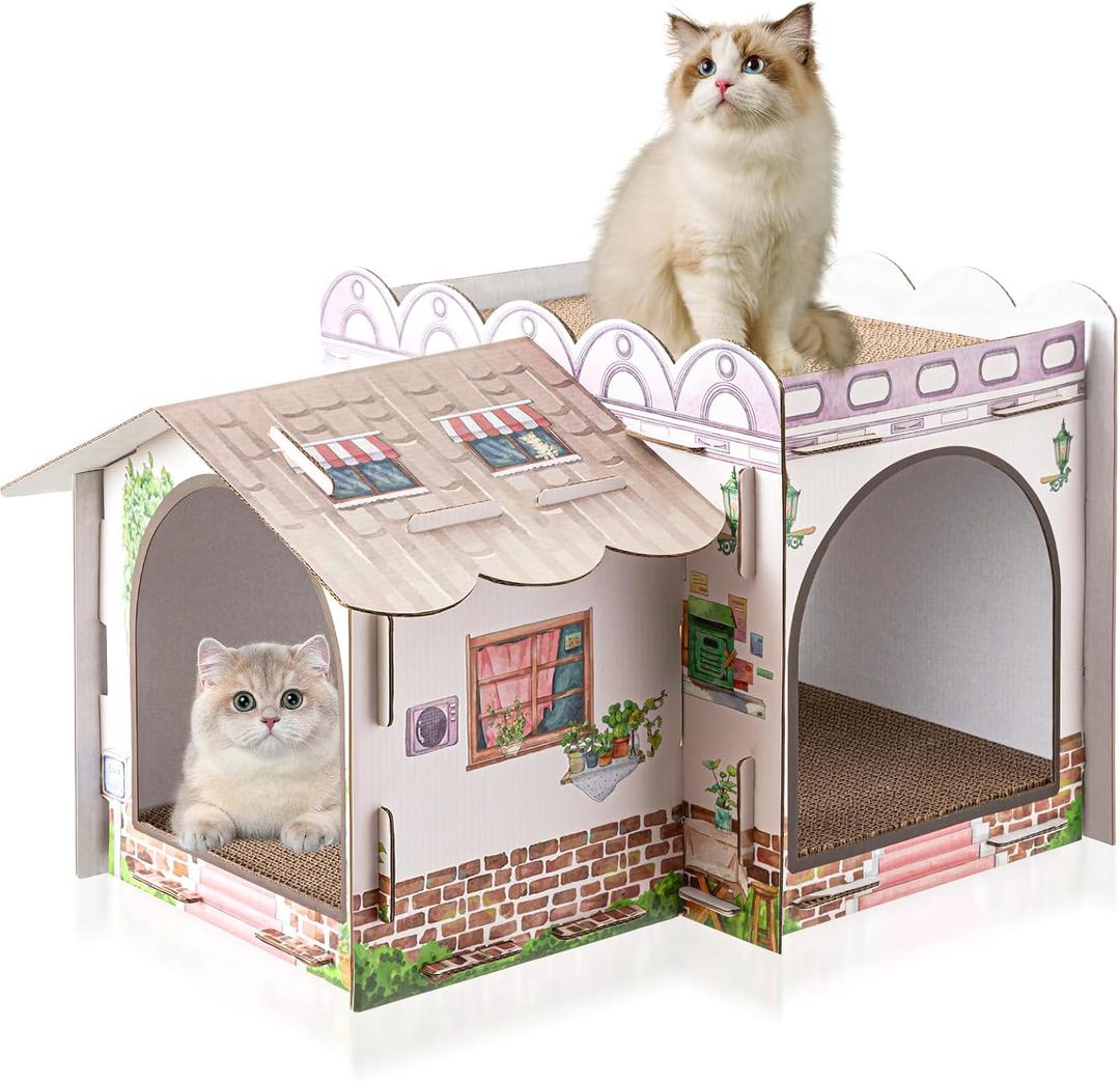 Multi Level Cardboard Cat House with 3 Scratchers Large Sturdy Country House Themed Cat Villa 17"x12"x10" Cute Pet Condo Beds Toys Hideout for Bunny Small Animals Birthday Party