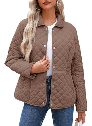 Dokotoo Plus Size Fall Jackets for Women Chestnut Winter Quilted Jackets Light Warm Long Sleeve Button Down Puffer Jacket Womens Padded Outerwear Coats X-Large