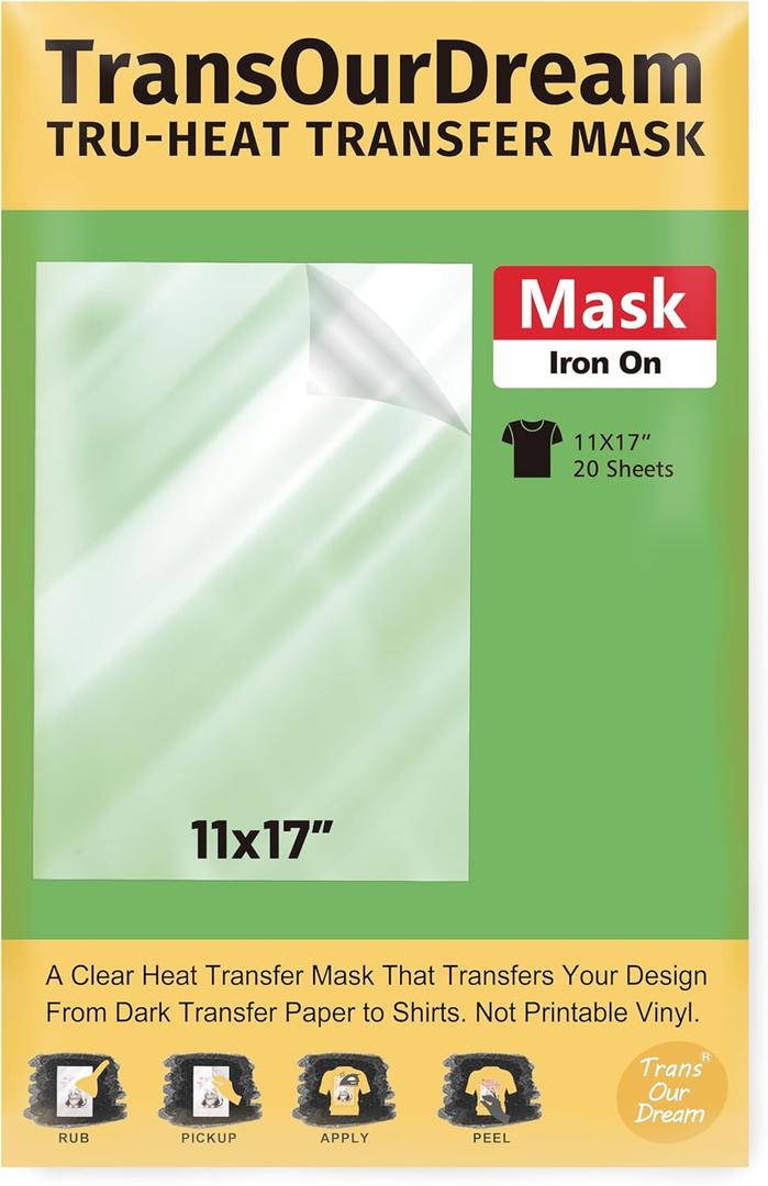 TransOurDream Heat Transfer Mask & Iron on Tape (11"x17", 10 Sheets)- Iron-On Clear Positioning Film for Dark Transfer Paper & Printable HTV on Shirts