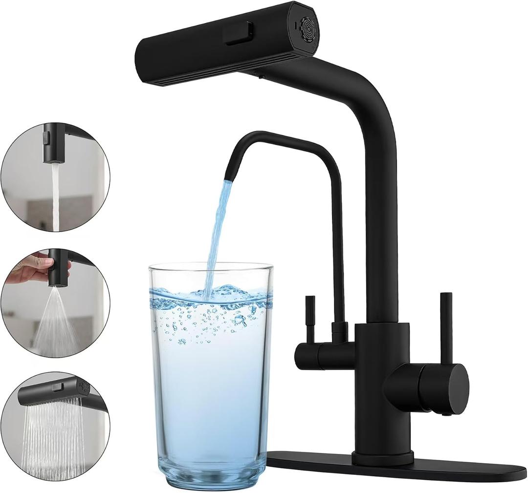 Black Kitchen Faucets with Water Filter and Pull Down Sprayer,Waterfall Kitchen Sink Faucet,Two Handle Sink Faucet with Pull Down Sprayer for 3 Function,Faucets Without Water Filtration Device