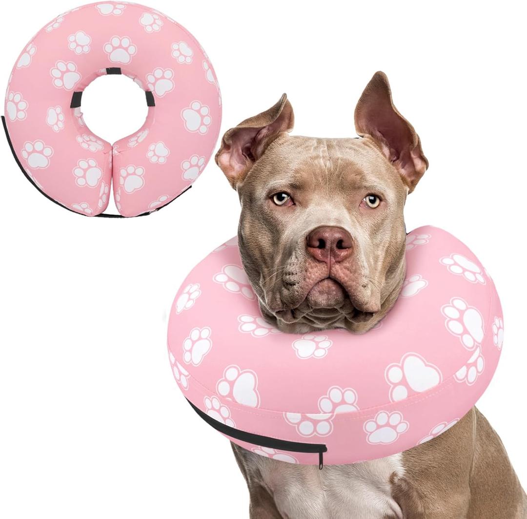 Supet Inflatable Dog Cone Collar Alternative After Surgery, Dog Neck Donut Collar Recovery E Collar for Neuter, Soft Pet Cone for Small Medium Large Dogs (XXL(Neck 18.5"-23.5"), T Paw Pink)