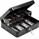 KYODOLED Cash Box with Key Lock, Metal Cash Drawer with Auto-Pop Coin Tray & Hidden Storage, Portable Money Box with Windproof Bill Clips for Small Business Yard Sales, 11.8x9.45x3.54 Inch, Black