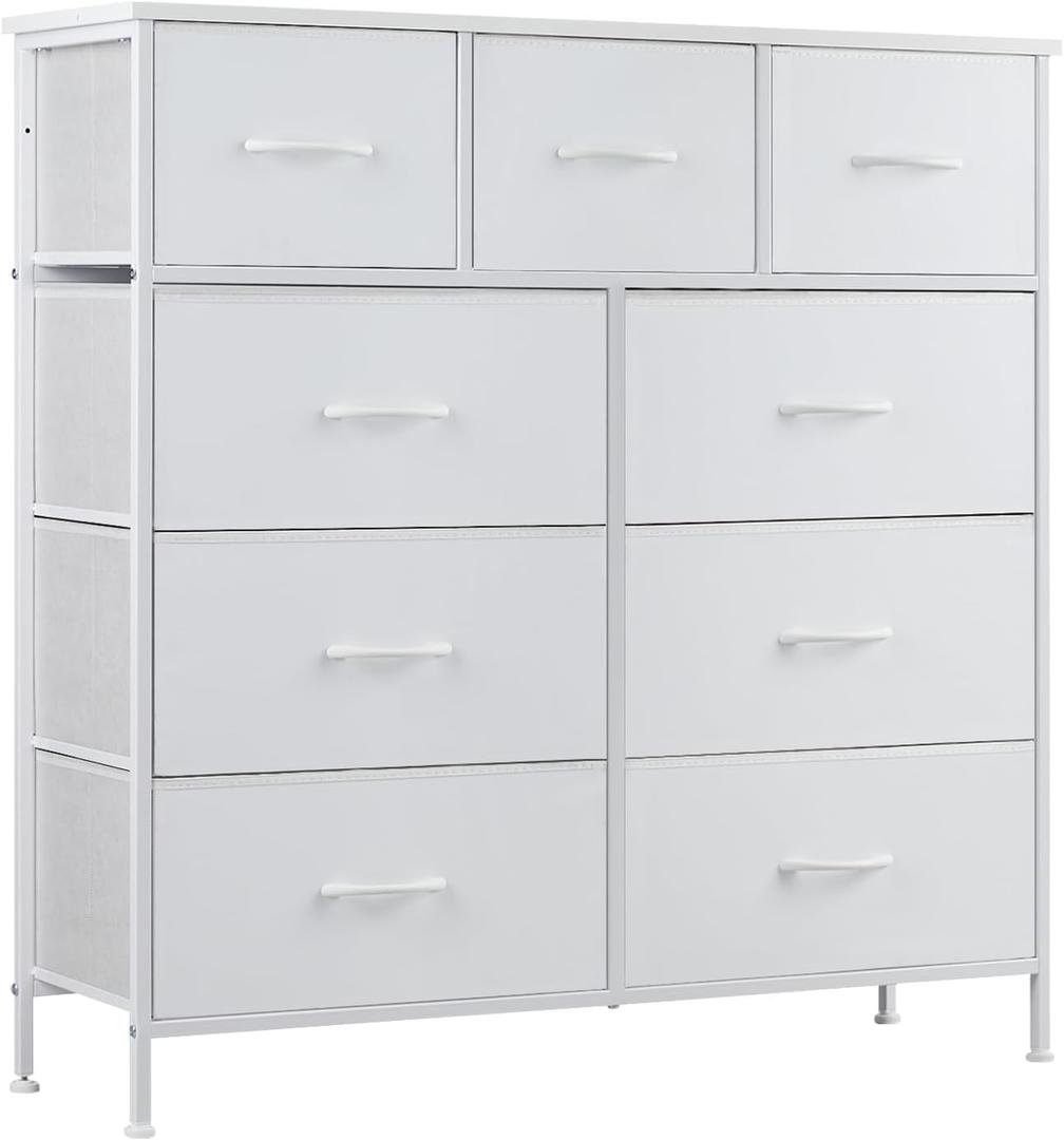 DUMOS Dresser for Bedroom, Storage Organizer with 9 Drawers, Chest of Drawers with Fabric Bins, Sturdy Metal Frame, Wood Tabletop for Guest Room, Closet, Entryway, Nursery (White)