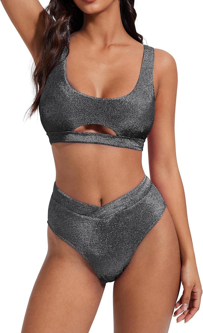 SUUKSESS Women Cutout Color Block Bikini Sets Sexy High Cut 2 Piece Bathing Suit (Medium, Shiny Black)