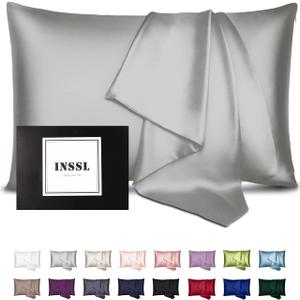 INSSL Silk Pillowcase for Women, Mulberry Silk Pillowcase for Hair and Skin and Stay Comfortable and Breathable During Sleep (Queen, Grey)