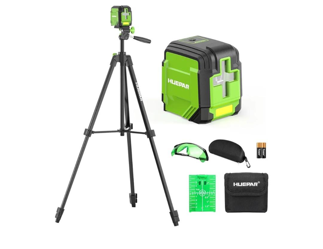 Laser Level with 60in Tripod, HUEPAR 98Ft Self Leveling Laser Level Green Line Laser Cross Line Laser Leveler Tool for Picture Hanging, Home Renovation, Indoor Project, Battery&Carrying Bag Included