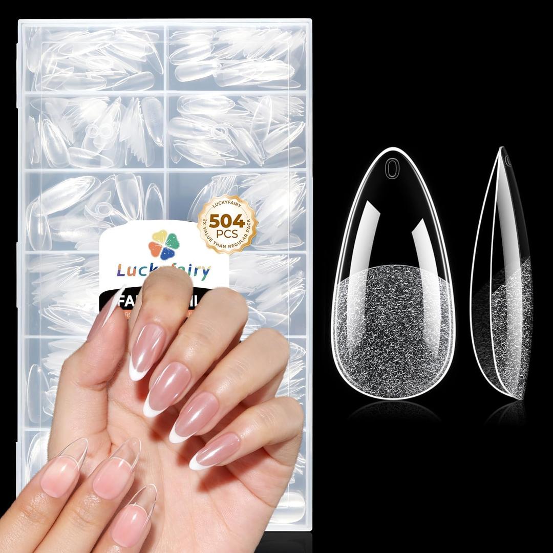 Medium Almond Nail Tips, 504pcs Soft Gel Pre-Filed Acrylic Almond Fake Nails, Half Matte Full Cover Clear Press on Flase Nail Tips for Nail Extension Home DIY 12 Sizes