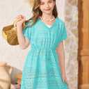 BesserBay Summer Swim Cover Up Crochet V Neck Short Sleeve Beach Swimwear Kids Hollow Out Swimsuit Blue Size 9-10 Years