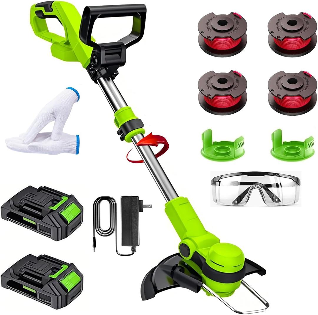 Weed Wacker 12-Inch Cordless Lawn Mower, 2-in-1 Lightweight Lawn Trimmer and Edger with 2 x 2.0Ah Batteries and Quick Charger, Portable Weeder for Lawn, Yard and Garden, Green