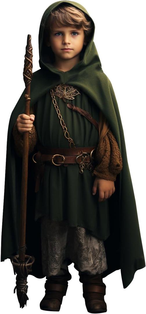 HOMELEX Renaissance Costume for Boys Kids Medieval Cloak With Hood Halloween Ranger Wizard Elven Hooded Cape Robe (Medium, Green-1)