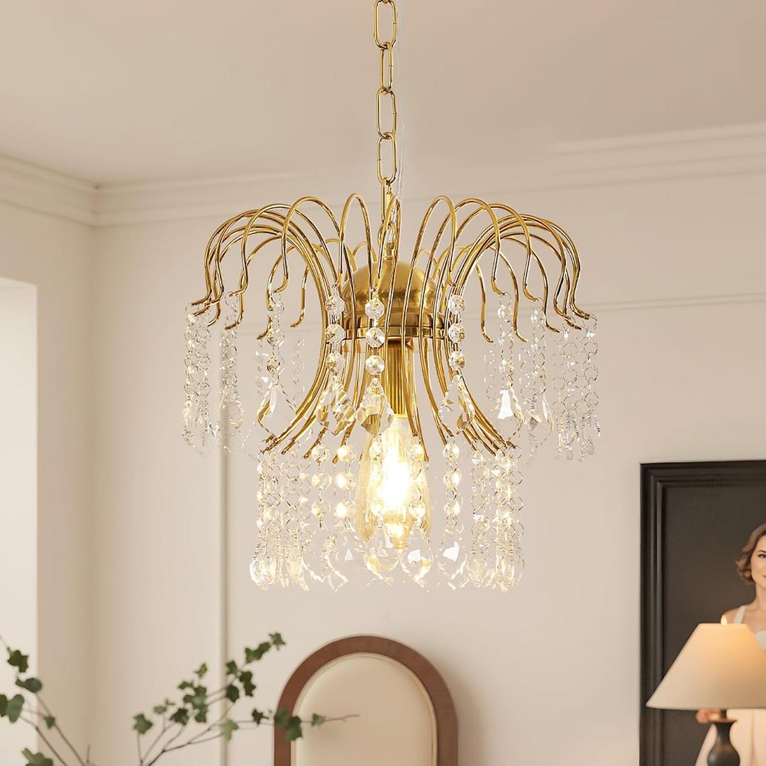 DELIPOP Modern Crystal Pendant Light, Gold Retro Crystal Pendant Chandelier, Adjustable Hanging Small Pendant Light Fixture for Entryway, Bedroom, Kitchen Island