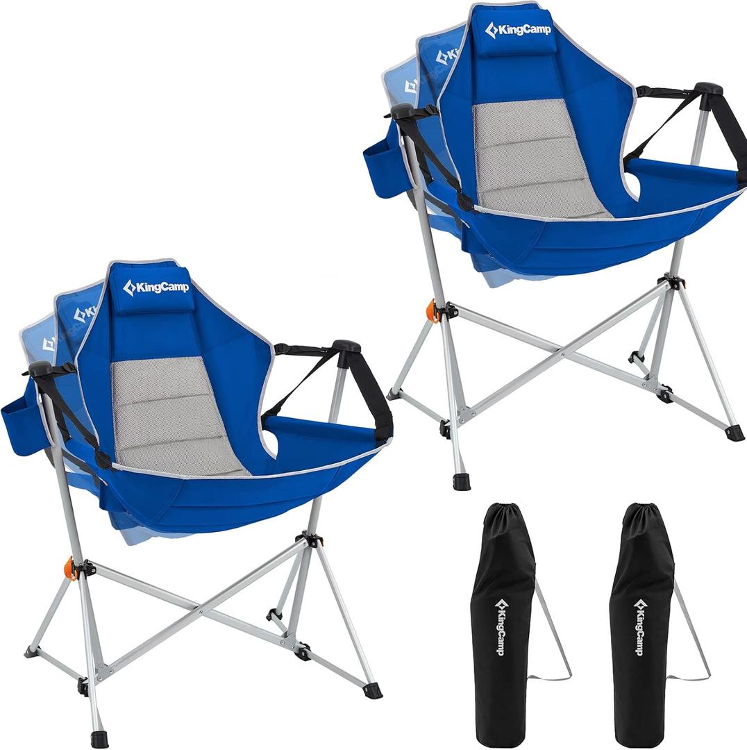 KingCamp Hammock Camping Chair, Swinging Portable Folding Camp Chairs for Adults 400lbs Heavy Duty Foldable Oversized Rocker with Aluminum Alloy Frame Cup Holder Pillow for Outdoor Beach Patio Sport (Blue-2 Pack)
