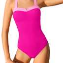 Shallmu Girls Swimsuit Bathing Suits for Girls Color Block Sweetheart Neckline Dual Crossback Straps Pink One Piece Swimsuit Girl with Cover Up Skirt Swimwear 9-10Y