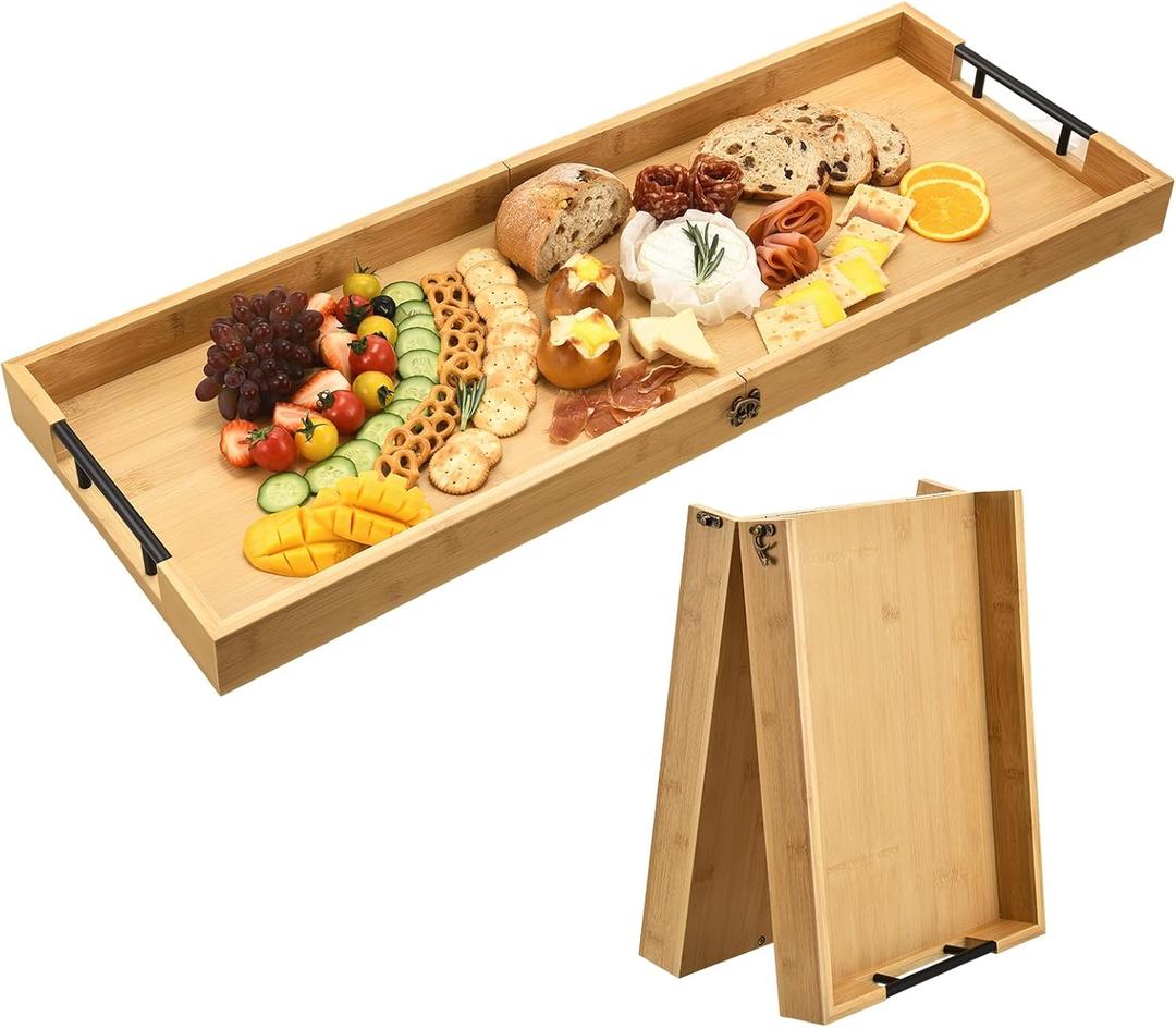 GLOKUUCA Large Charcuterie Board with Handles, 32 x 12 Inch Foldable Bamboo Serving Cheese Boards - Serving Platter for Meat, Party Appetizers, Outdoor & Fruit