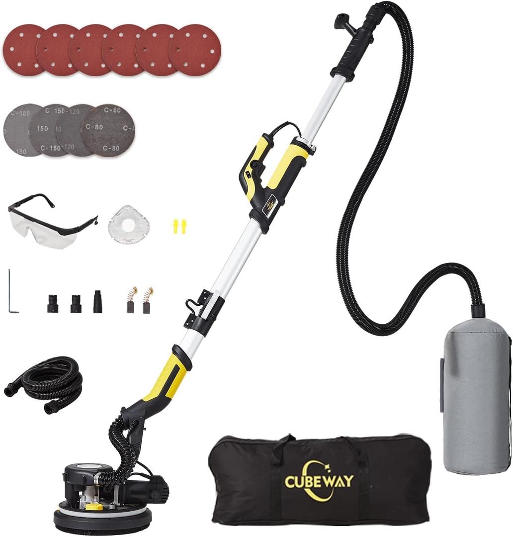 Drywall Sander with Vacuum Attachment, 780W 6.5A Popcorn Ceiling Removal Tool Machine, Auto Dust Absorption, 7 Variable Speed, LED Light, 10pcs Sanding Discs, Wall Sander for Popcorn Ceiling (T-shape Handle-yellow)