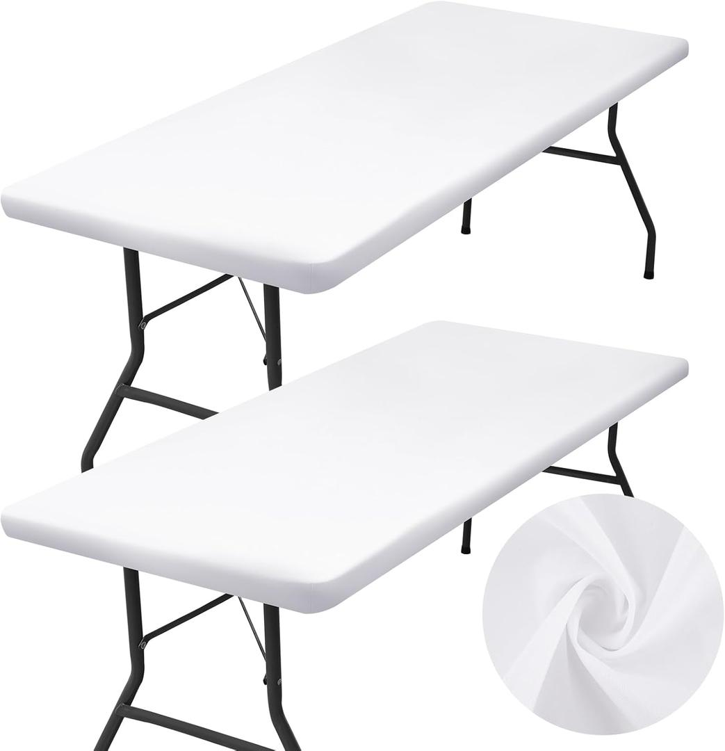 homing 2 Pack Rectangle Table Cloth, Elastic Fitted Fabric Tablecloth Fits for 6 Foot Folding Tables, Washable Table Cover for Picnic, Camping, Indoor & Outdoor (White, 30" x 72")
