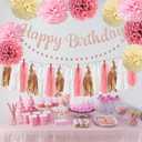 Pink Rose Gold Birthday Party Decorations Supplies Set,Happy Birthday Decoration Rose Gold Glittery Banner Tassel Garland Circle Dots Garland for Event Supplies