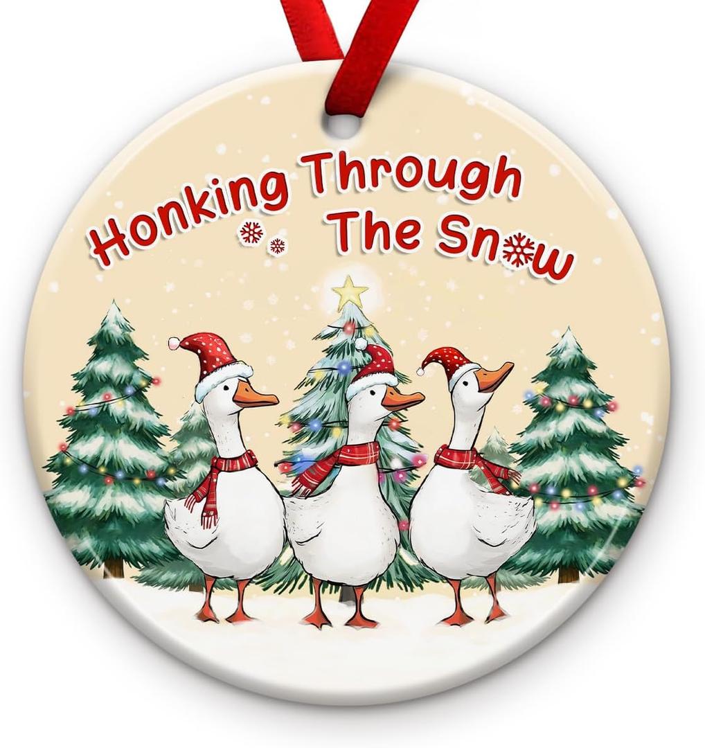 2 x KILYHOME Duck Christmas Ornament 2025 - "Honking Through Snow Ceramic Ornament, Cute Goose Decoration - Rustic Animal Decor, Duck Xmas Holiday Keepsake, Ideas for Goose Lovers