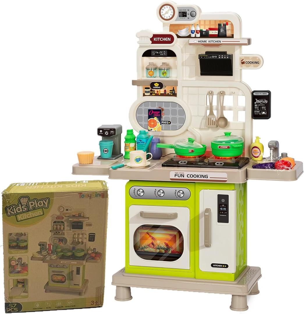 Kids Play Kitchen Playset, Pretend Cooking Stove, Recirculating Play Sink & Coffee Maker, Complete with Play Food & Accessories, Basic Cardboard Box Packaging  Not Ideal for Gifting  Green