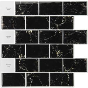 Art3d 10-Sheet Peel and Stick Subway Backsplash, 12 in. x 12in. Black Marble Design