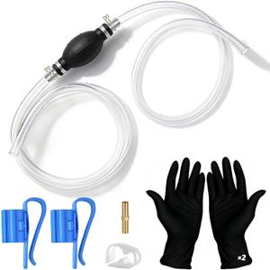 Fuel Transfer Pump, Gas Siphon Pump for Gasoline, Manual Hand Gasoline Transfer Pump for Fuel, Oil, Diesel, Water, Fluid with 10 Ft PVC Siphon Hose, Brass, Metal Buckles, Pinch Clips and Gloves7mm