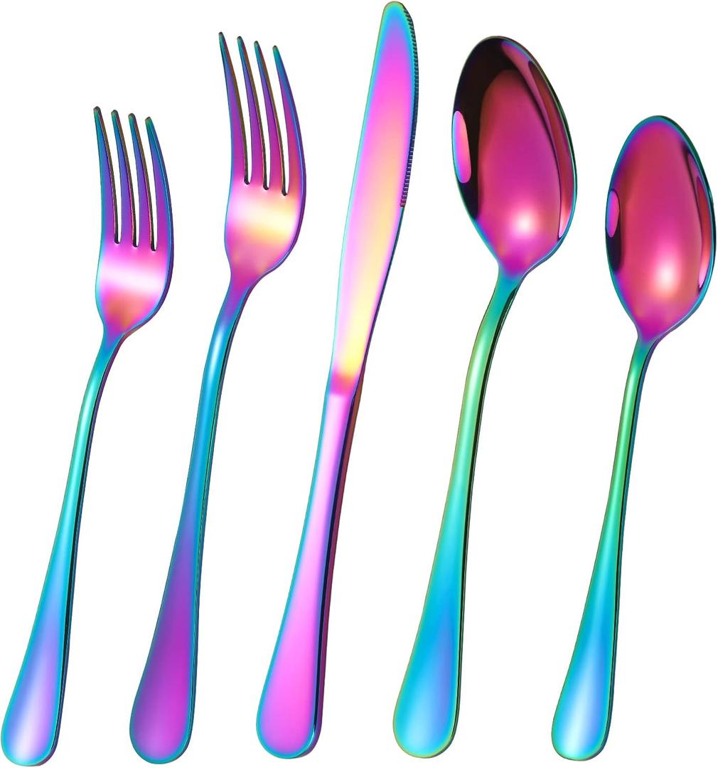 40 Piece Rainbow Silverware Set, Stainless Steel Flatware Set for 8 Colorful Cutlery Utensil Set Include Knife Fork Spoon Food Grade Mirror Polished Dishwasher Safe