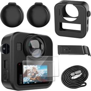 Silicone Protective Case for GoPro Max 2 with Open-Vent Design & Protective Accessories Kit - Includes 9H Tempered Glass Screen Protector, Lens Cap, Battery Cover & Adjustable Lanyard (Black)