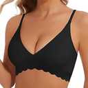 BOUFOR Deep V Bra Low Cut Plunge V Neck Thin Strap Push Up Wireless Bralette Padded Seamless Bra Scalloped Edge, Black, S