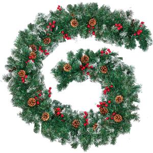 Christmas Garland with Lights, 9FT Snow Flocked Christmas Garland for Mantle, Prelit Outdoor Garlands with Red Berries and Pine Cores for Outdoor Indoor Mantle Table Stairs Fireplace Home Decor