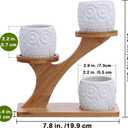 3pcs Owl Succulent Pots with 3 Tier Bamboo Saucers Stand Holder - White Modern Decorative Ceramic Flower Planter with Drainage - Home Office Desk Garden Mini Cactus Plant Pot Indoor Decoration