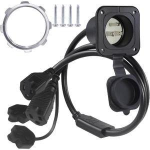 KUNCAN 15A AC Port Plug - 125V Power Inlet Socket with Dual 18 Inch Extension Cord, NEMA 5-15 Plug Flanged Inlet with Waterproof Cover Outdoor Extension Cable, Shore Power Outlet for RV Boat Trailer