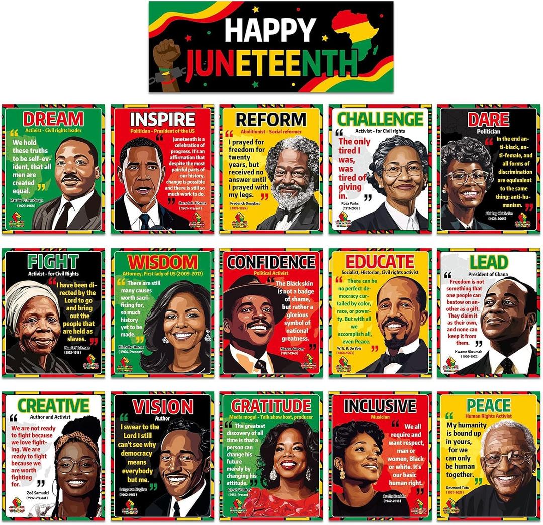 Wiooffen 16Pcs Juneteenth History Posters Freedom Day Wall Bulletin Board Set 11 x 14Inch 1865 African American Poster Inspirational Wall Art for June 19th Office Classroom Decorations