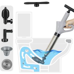 Plunger Toilet Pneumatic Drain Cleaner with Real-Time Air Pressure Gauge, Sewer Snake Clog Removal Tool, High Pressure Sewer Jet Gun for Sink, Bathroom and Kitchen Plumbing (Gray)