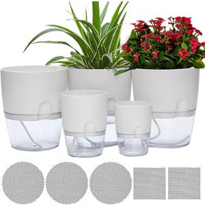 Self Watering Pots for Indoor Plants, 5 Pack 6/4.1/3.2 Inch Flower Pot Modern Decorative Plastic Planter with Extra Large Water Storage for All House Plants, Flowers, Herbs(White) (6+6+6+4.1+3.2in)