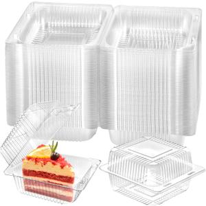 TOFLEN 100 Pack Plastic Clamshell Food Containers, Clear Square Cake Slice Containers with Hinged Lids, Disposable To Go Boxes for Mini Cake, Salad, Sandwich, Dessert, Cookie