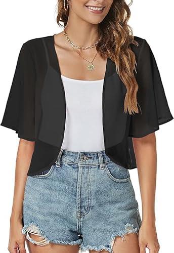 ZNVGIRL Women Shrug Chiffon Cardigans Open Front Short Sleeve Bolero for Evening Dressy L