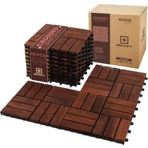 9Pcs Acacia Wood Interlocking Patio Deck Tiles, 12 x 12 x 0.9 Inch Outdoor Flooring, Waterproof for All-Weather Use  Crossed, Dark Brown