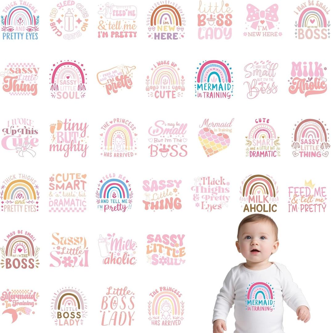 Baby Shower Iron on Transfers - 36Pcs Pink DTF Transfers Ready to Press, Baby Girls Iron on Decals Patches Bodysuit, Vinyl Stickers for Baby Onesie Bibs Decorating Kit Gender Reveal Party